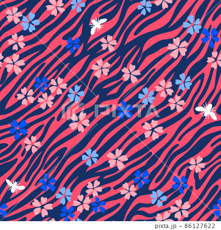 Zebra striped lines fur skin print texture seamless pattern. Animal background mixed with wildflowers. Abstract curved lines ornament. Geometric shapes. Good for textile, fabric, fashion design. 86127622