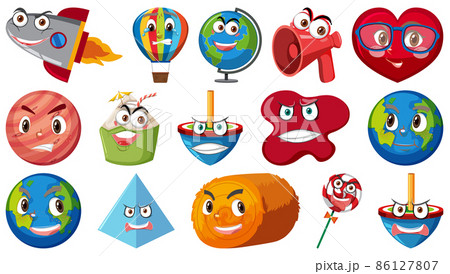 Set of different toy objects with smiley faces 86127807