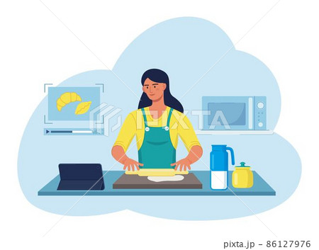Woman cooking at home using internet video. Smiling housewife preparing dough for pastries and croissants. Beautiful lady character. Vector illustration 86127976