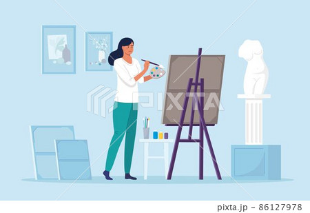 Young woman paints using with Oil, canvas. Hobby. Artist standing near easel. Beautiful girl with brush, palette. Vector illustration 86127978