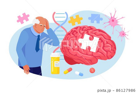 Senior patient hold his head and suffering from Alzheimer's disease, amnesia. Memory loss, brain illness treatment. Alzheimer disease, dementia, dotage concept. Neurology therapy, mental illness 86127986