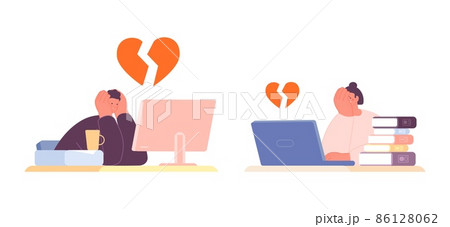 Online love end. Quarrel and frustration, online relationship. Sad man on woman with laptop. Web divorce, modern friendship in internet, vector concept 86128062