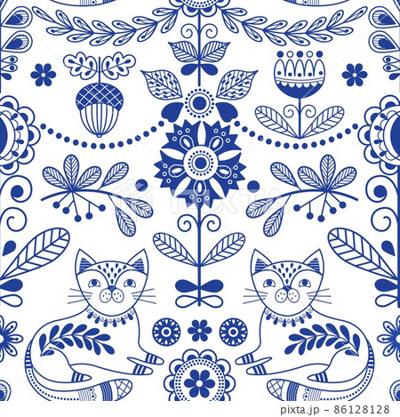 Scandinavian folk seamless pattern. Blue folklore border, swedish ornament design. Nordic rustic art style print. Cat and flowers, decorative nowaday vector background Scandinavian folk seamless pattern. Blue folklore border, swedish ornament design. Nordic rustic art style print. Cat and flowers, decorative nowaday vector background 86128128