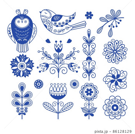 Scandinavian folk design. Nordic blue ornament elements, swedish folklore art. Rustic finnish decor, floral danish style embroidery nowaday vector template 86128129