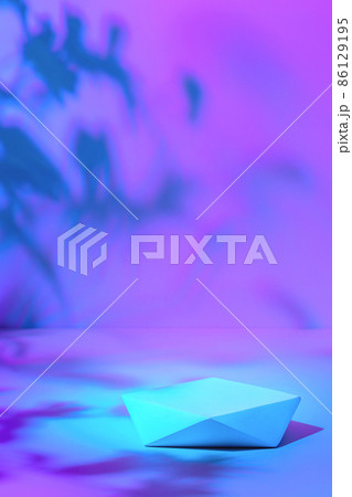 white polygonal podium on pastel neon background with shadows 86129195