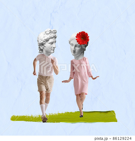 Modern design, contemporary art collage. Inspiration, idea, trendy urban magazine style. Couple headed with ancient statue heads dancing on light background Modern design, contemporary art collage. Inspiration, idea, trendy urban magazine style. Couple headed with ancient statue heads dancing on light background 86129224
