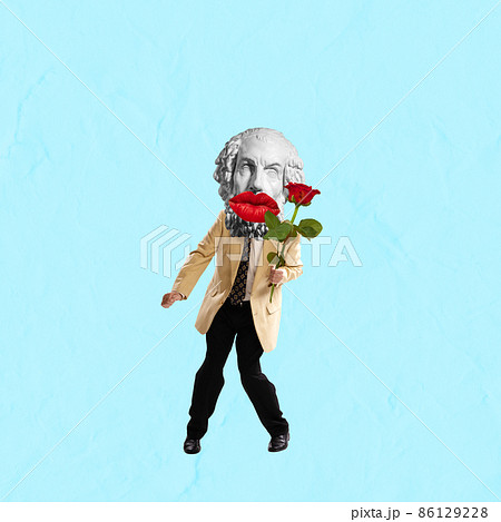 Senior man in suit headed by plaster statue head dancing isolated on blue background. Contemporary colorful and conceptual bright art collage Senior man in suit headed by plaster statue head dancing isolated on blue background. Contemporary colorful and conceptual bright art collage 86129228