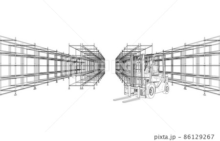 Warehouse shelves and forklift. 3d illustration 86129267