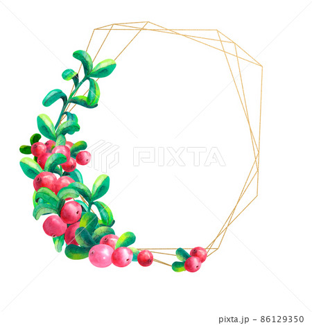 Ripe berry cowberry on white background is isolated. Gold geometric frame. Watercolor illustration. Ripe berry cowberry on white background is isolated. Gold geometric frame. Watercolor illustration. 86129350
