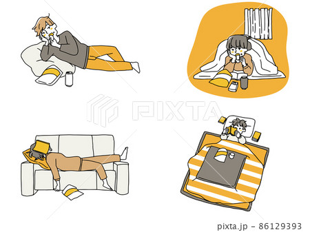 ダラダラとした毎日を送る人々のセット　コミカルな手書きの人物　ベクター、線画にシンプルな色つけ　 86129393