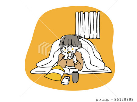 布団に入ったまま1日を過ごす女性 コミカルな手書きの人物 ベクター、線画にシンプルな色つ 布団に入ったまま1日を過ごす女性 コミカルな手書きの人物 ベクター、線画にシンプルな色つ 86129398