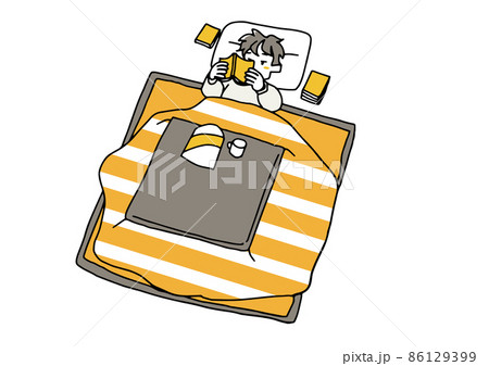 こたつに入ってダラダラしている男性　コミカルな手書きの人物　ベクター、線画にシンプルな色つけ　 86129399