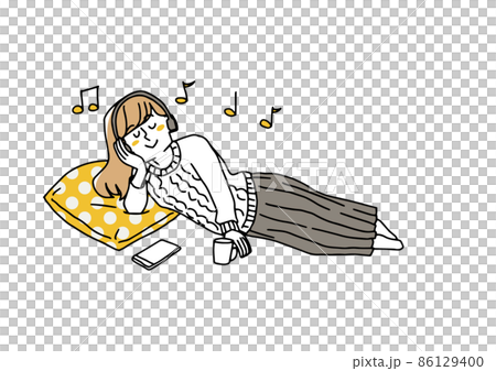 A female who lays down and enjoys music, a comical handwritten person, a vector, and simple coloring of line drawings. 86129400