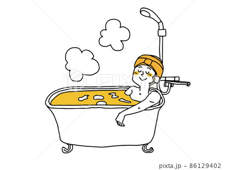 お風呂に浸かってくつろぐ女性　コミカルな手書きの人物　ベクター、線画にシンプルな色つけ　 86129402