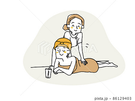 エステでマッサージを受ける女性 コミカルな手書きの人物 ベクター 線画にシンプルな色つけ のイラスト素材