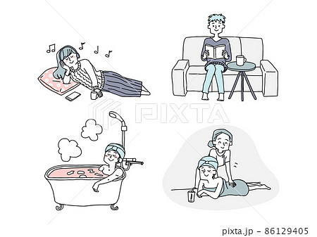 様々なリラックスタイムを過ごす女性 コミカルな手書きの人物 ベクター 線画にシンプルな色つけ のイラスト素材
