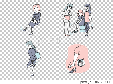 A set of women with high heels and pain in their legs. Comical handwritten figures Vectors, simple coloring of line drawings. A set of women with high heels and pain in their legs. Comical handwritten figures Vectors, simple coloring of line drawings. 86129411
