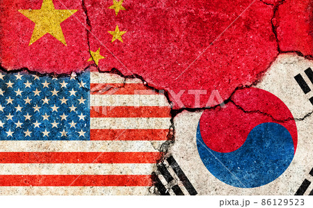 国家間の国際紛争・政治対立イメージ/ 3カ国 (米中韓) 86129523