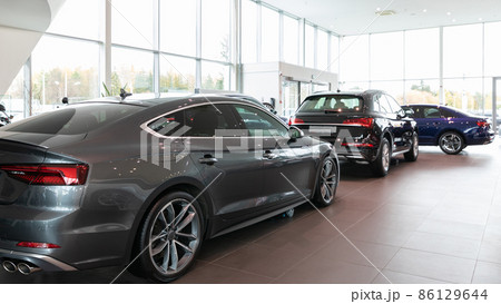 car dealership interior Premium cars lined up 86129644