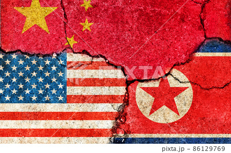 国家間の国際紛争・政治対立イメージ/ 3カ国 (米中・北朝鮮) 国家間の国際紛争・政治対立イメージ/ 3カ国 (米中・北朝鮮) 86129769