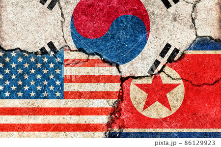 国家間の国際紛争・政治対立イメージ/ 3カ国 (米韓・北朝鮮) 86129923