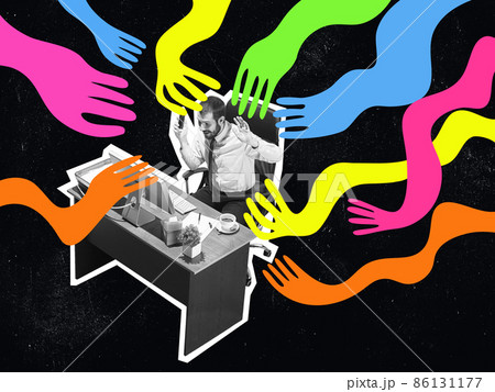 Excited young man, businessman sitting at work among giant drawn colored creeping arms. Contemporary art collage. Excited young man, businessman sitting at work among giant drawn colored creeping arms. Contemporary art collage. 86131177