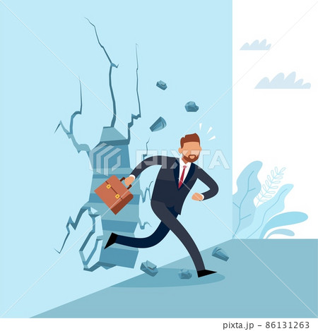 Business without barriers. Overcoming obstacles. Breakthrough next level, new opportunities. Businessman in suit running through wall, creativity and innovation strategy. Vector concept 86131263