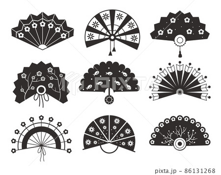 Black paper fans. Vintage chinese monochrome silhouettes, different shapes, decorative traditional souvenirs, beautiful asian folding tools, japanese geisha attributes, vector isolated set 86131268