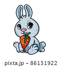 Cute little easter bunny with carrot. Rabbit the symbol of 2023 chinese new year. Hare with big eyes and vegetable. Farm animal vector illustration isolated white background. Domestic pet cartoon art. 86131922