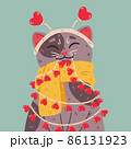 Cat with headband hearts, warm scarf, light bulbs garland. Saint valentine day 14 February greeting card. Cute vector illustration isolated on background. Romantic poster with domestic kitty. 86131923