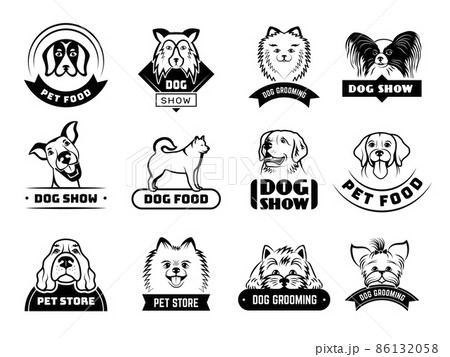 Dogs badges. Animals puppy domestic pets silhouettes stylized pictures with place for text dogs portraits recent vector templates collection Dogs badges. Animals puppy domestic pets silhouettes stylized pictures with place for text dogs portraits recent vector templates collection 86132058