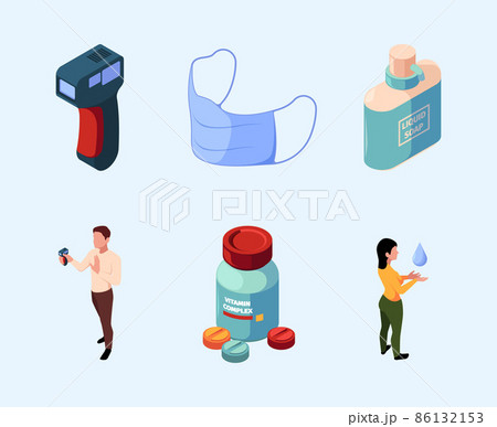 Prevention of diseases. Medical items for virus checking healthcare symbols safety items hygiene mask vitamin measurement temperature garish vector isometric illustrations Prevention of diseases. Medical items for virus checking healthcare symbols safety items hygiene mask vitamin measurement temperature garish vector isometric illustrations 86132153