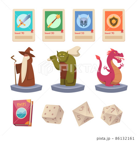 Role play games. Dnd polygonal dice for multiplayer fantasy games rpg enemy fairytale medieval adventure symbols exact vector cartoon illustration 86132161