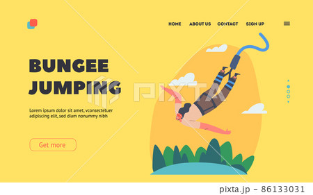 Extreme Sports Bungee Jumping Landing Page Template. Brave Female Character Jump with Rope from Great Height, Fun 86133031