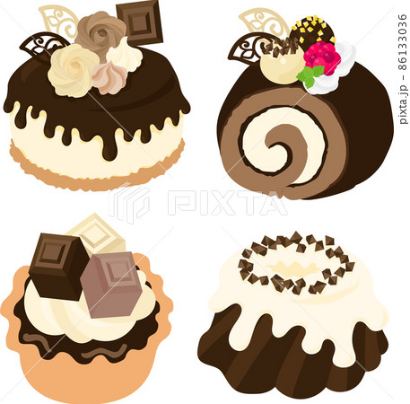 デコレーションケーキやロールケーキやタルトやクグロフの、可愛いチョコレートスイーツのアイコンいろいろ 86133036