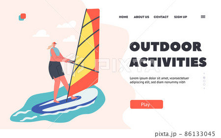 Outdoor Activities Landing Page Template. Sportswoman Character Sailing. Woman Riding Sea Waves by Sail, Relax at Summer 86133045