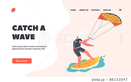 Windsurfing Landing Page Template. Wind Surfing Recreation in Ocean. Man Surfer Character in Swim Wear Catching Wave Windsurfing Landing Page Template. Wind Surfing Recreation in Ocean. Man Surfer Character in Swim Wear Catching Wave 86133047