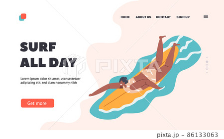 Surfing Fun Landing Page Template. Young Woman Surfer Character in Bikini Lying on Surfboard Row with Hands Catch Wave 86133063