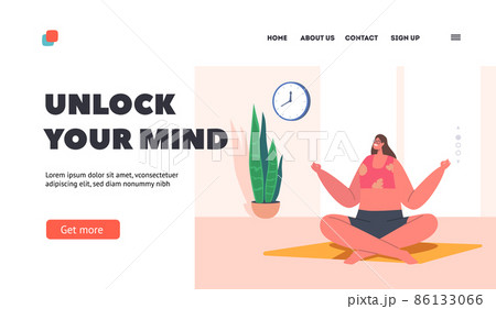 Indoors Yoga Relaxation Landing Page Template. Woman Meditating Sitting in Lotus Pose in Light Hall. Emotional Balance 86133066