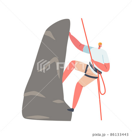 Extreme Sport, Hiking and Leisure Activity Concept. Young Climber Male Character Climbing the Mountain. Man with a Rope 86133443