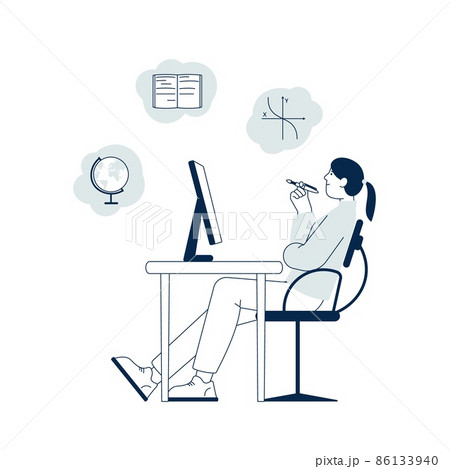 Girl learning online. Video course, computer education. Woman learn different science remote. Isolated young female sitting at desk and study, recent vector concept 86133940