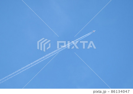 Distant passenger jet plane flying on high altitude on clear blue sky leaving white smoke trace of contrail behind. Air transportation concept 86134047