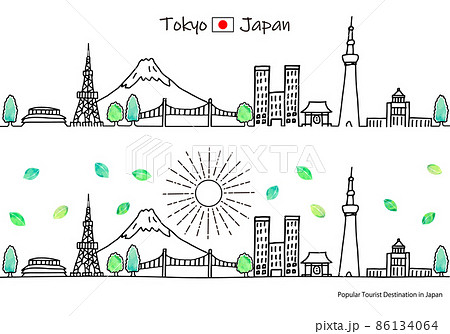 夏の東京の観光地の街並みと太陽のシンプル線画セットのイラスト素材