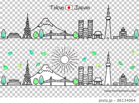 夏季東京觀光景點的城市景觀和陽光的簡單線條藝術集 86134064