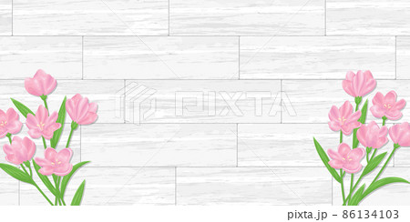 ピンクの花と木目調の背景素材 ベクターイラスト バナーサイズのイラスト素材