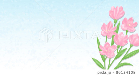 青空とピンクの花のイラスト背景　ベクター素材　バナーサイズ 86134108