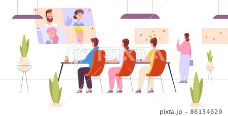 Office online gathering. Corporate team meeting with ceo speakers, business employee collaboration, internet video software, vector illustration 86134629