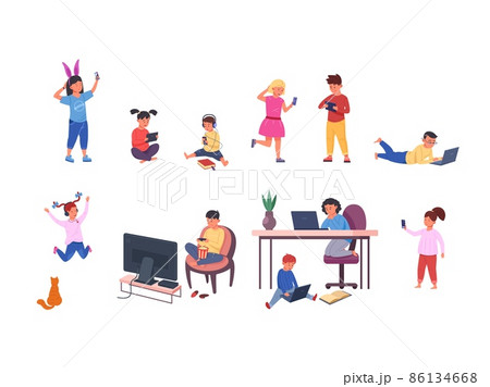 Kids using gadgets. Kid with mobile phone or computer, baby play tablet, cartoon child looking screen electronic technology device, boy holding smartphone set garish vector Kids using gadgets. Kid with mobile phone or computer, baby play tablet, cartoon child looking screen electronic technology device, boy holding smartphone set garish vector 86134668