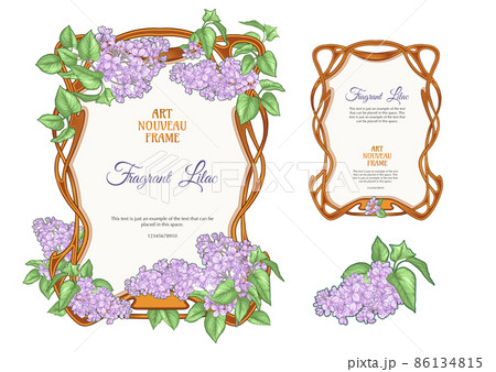 Label, decorative frame, border with lilac flowers. Element for design. 86134815