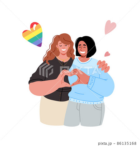 Lesbian couple hugging,making heart with hands.Vector flat illustration 86135168
